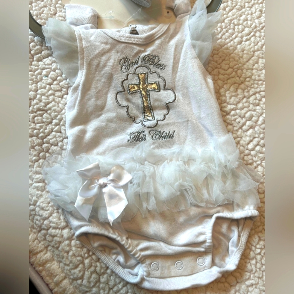 Kyle & Deena 3Pc Set-Tulle Christian Onesies, Headband and Socks size 0-3 months